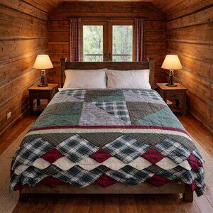 VTG quilt queen handmade green red/burgundy hand stitched patchwork squares